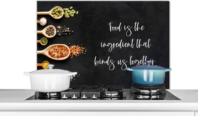 Produktbild von KitchenYeah®  Spritzschutz Küche - Küchenrückwand - Wandschutz für Herd und Spüle - Essen ist die Zutat, die uns zusammenhält - Sprichwörter - Zitate - Essen 90x60 - Alu-Dibond (Alternative zum Spritz