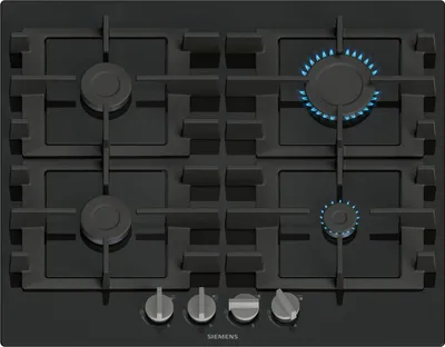 A top-down view of a black gas hob.