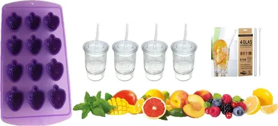 Produktbild von Eiswürfelform Silikon Einfache Eisfreigabe Eiswürfelform Eiswürfelbehälter für Cocktails Whisky Saft Wasser und andere Getränke+ Gläser Set 4 Stück + Glashalme