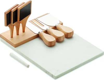 Produktbild von Marmorierte Servierplatte - Käseplatte mit Käsemesser und Käsegabel - Holzbrett zum Beschriften