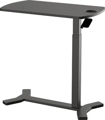 A dark gray adjustable height side table with a cup holder and phone holder.