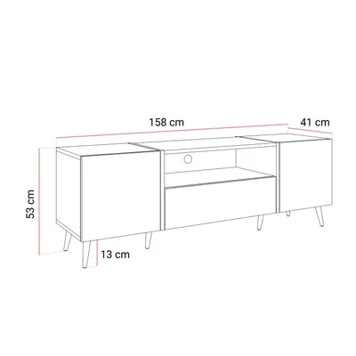 A line drawing of a TV stand with dimensions indicated.
