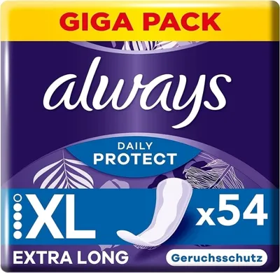 Packaging for Always Dailies Long Plus Extra Protect panty liners.