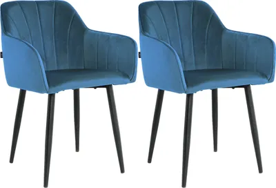 Produktbild von Lina® Rio Samt Esszimmerstühle 2er Set Blau – Mit Armlehnen & schwarzen Metallbeinen – Ideal für Wohnzimmer, Büro & Esszimmer