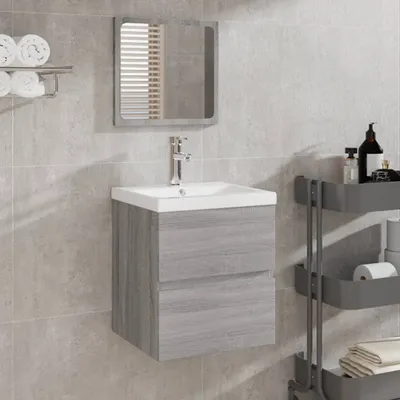 Produktbild von The Living Store Waschbeckenunterschrank mit Waschbecken Spiegel Grau Sonoma