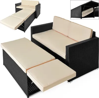 Obrázek produktu pro CASARIA® 2v1 zahradní pohovka s taburetem sada zahradního nábytku 7cm polštář 2 místa 125x70cm úložný prostor otoman odolný proti povětrnostním vlivům balkonový nábytek polyratanový lounge černý