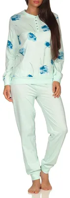 Produktbild von Eleganter Damen Pyjama Schlafanzug langarm mit Bündchen  und Blumenprint - 291 201 90 193 ; helltürkis , 48/50