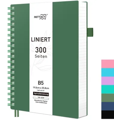 Immagine prodotto di Quaderno B5 a righe, carta da 100 g/m², 300 pagine, copertina morbida, spirale, colore verde scuro