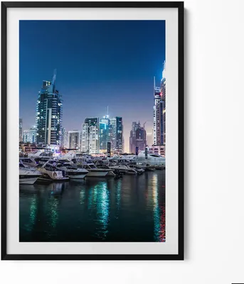 Produktbild von Boote in der nächtlichen Stadt– Wandbild mit Rahmen – Gerahmtes Bild  – Wanddekoration – 70x100 cm –  Schwarz Rahmen