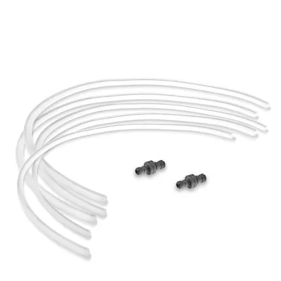 A collection of clear plastic tubes and two gray connectors on a white background.
