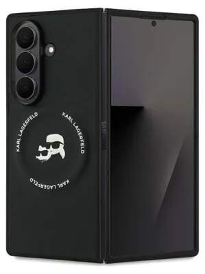 A black foldable phone case with the Karl Lagerfeld logo is shown.