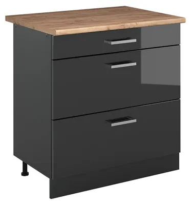 Imagen del producto de Mueble bajo de cocina Vicco R-Line Antracita alto brillo/Antracita 80 cm con 3 cajones encimera Roble dorado, Model 72377
