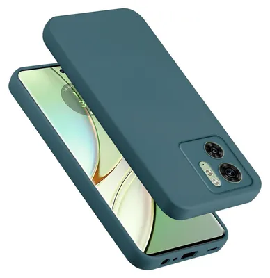 A teal silicone phone case is shown on top of a smartphone.