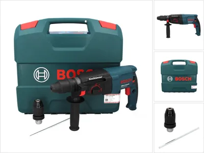 A collage of images showing a Bosch rotary hammer drill and its accessories, including a carrying case and chucks.