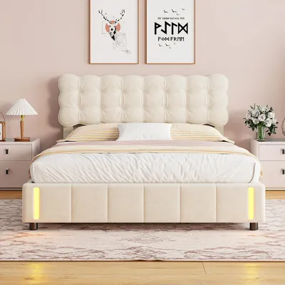 Produktbild von Bett mit Stauraum 140 x 190 cm, Doppelbett in beigefarbenem Samt, Gasdruckfederung, großer Stauraum, gepolstertes Kopfteil, LED-Beleuchtung, modernes Design