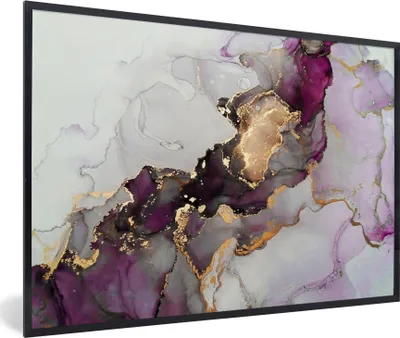 Produktbild von MuchoWow® Gerahmtes Poster Marmor - Abstrakt - Gold - Lila 90x60 cm - Poster mit Schwarzem Bilderrahmen Wandposter Rahmen Foto Bilder - Fotorahmen - Foto-Plakat