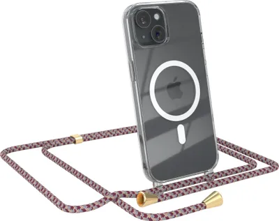 Produktbild von EAZY CASE - Handykette kompatibel mit Apple iPhone 15 Kette zum Umhängen Stoßfest Handyhülle für Apple iPhone 15 Silikon Hülle mit Band Handytasche Transparent als Fallschutz in Rot Camouflage