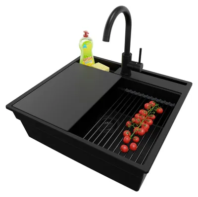Produktbild von PRIMAGRAN Granitspüle Alles Schwarz 58x53cm, Spülbecken 1 Becken + Ablauf-Set + Küchenzubehörset, Küchenspüle ab 60er Unterschrank - Oslo Pocket