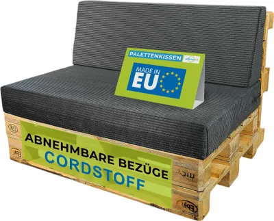 A two-piece cushion set for a pallet sofa, made of cord fabric, with a "Made in EU" label.