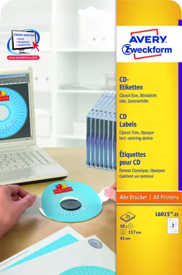 Produktbild von Avery Zweckform L6015-25 CD-Etiketten, Ø 117 mm, 25 Blatt/50 Etiketten, weiß