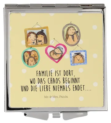 Produktbild von Mr. & Mrs. Panda Klappbarer Spiegel Igel Familie - Gelb Pastell - Geschenk, Frauen, Muttertag, Kosmetikspiegel, Klappspiegel, Bilder, Kleiner, Taschenspiegel
