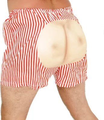 Produktbild von Lustige Po Unterhose für Erwachsene – JGA & Karneval Zubehör – rot-weiß gestreifte Shorts mit Schaumstoff-Po