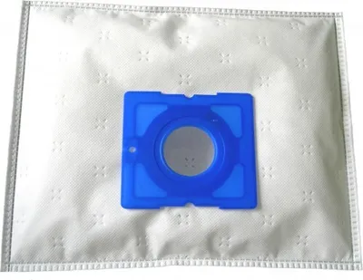 A vacuum cleaner bag with a blue plastic connector.