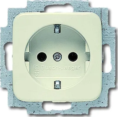 A close-up, front-facing view of a cream-colored electrical outlet with a gray metal mounting frame.