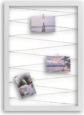 Produktbild von Fotohalter Pinnwand Fotorahmen (Hochformat) mit Juteband 20 Holzklammern Bilderrahmen inklusive CLAMARO Collage Flex, Flex Farbe:Weiß Matt, Quer/Hochformat Größe:70x90cm (Hochformat)
