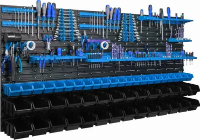 Obrázok produktu pre Závesný panel na náradie 173x78cm s 50 ks. Krabic Nástěnný Modré Boxy se sadou držiakov plastová