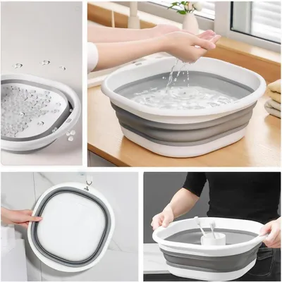 Imagen del producto de Cuenco de lavado plegable, color gris, portátil, compacto, ideal para camping y uso doméstico