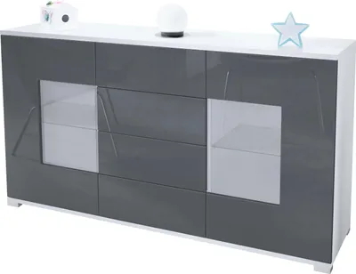 Produktbild von Vladon Sideboard Grömitz V1, Kommode mit 2 großen Türen und 4 Schubladen, Weiß matt/Grau Hochglanz (138,5 x 75,5 x 35)
