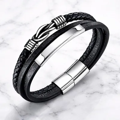 Produktbild von Herren Lederarmband Schwarz Edelstahl Magnetverschluss 21cm, J0772