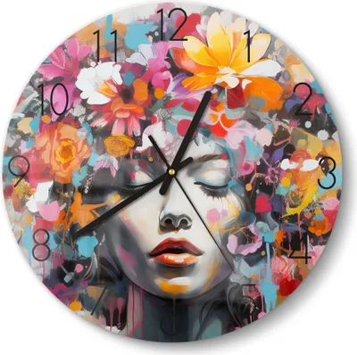 Produktbild von DEQOART Glasuhr Ø30 cm Zahlen 'Blühende Muse' Wanduhr Glas Uhr Design leise Küchenuhr