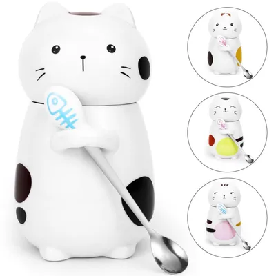Productafbeelding van Kattenthee- of koffiekop met deksel en lepel, 400 ml, keramiek, cadeau