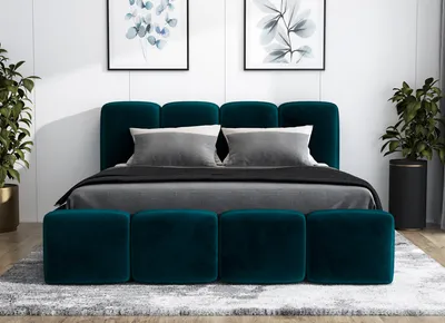 A bedroom scene with a bed and decorative elements.