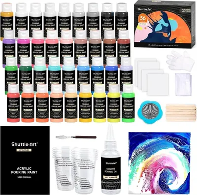 Image de set de 36 peintures acryliques avec toile & accessoires - Couleurs pouring pour pierre, bois, papier