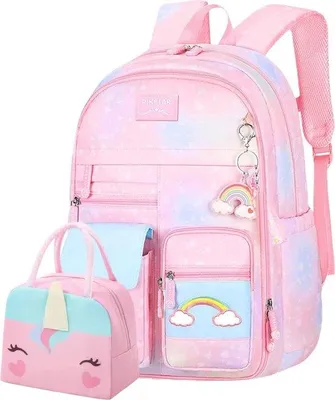 Produktbild von Schultasche und Lunchtasche Set für Kinder - Rosa/Blau - 2 Teilig - Herz Rucksack für Mädchen - Einhorn Schulrucksack mit Schlüsselanhänger - Regenbogen Tasche - Laptopfach - 20 Liter