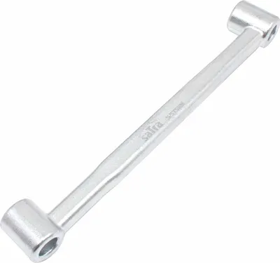 A silver-colored tool with two hexagonal sockets on a white background.