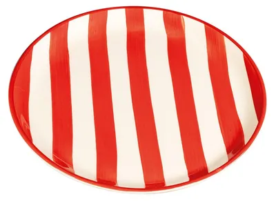 Obrázok produktu pre Sada dvoch plochých tanierov v šafránovej farbe, kolekcia Lido, pruhy, červená farba, ručne maľované v Civita Castellana, Taliansko, priemer 26 cm