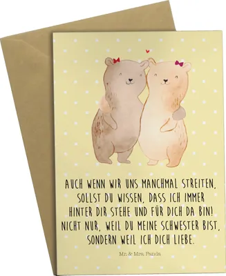 Produktbild von Mr. & Mrs. Panda Glückwunschkarte Bären Schwestern - Gelb Pastell - Geschenk, Schwester, hochzeitskarten, Sister, weihnachtskarten, Schwesterherz, Beileidskarte, Sis