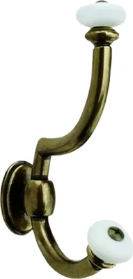 A single bronze coat hook with white ceramic accents, mounted on a white background.