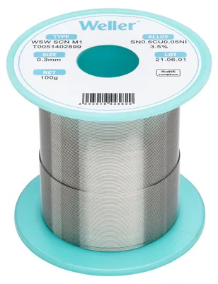 Produktbild von Weller WSW SCN M1 Bleifreier Lötdraht, Ø 0,3 mm, Legierung Sn99.3Cu0.6Ni0.05, Flussmittelgehalt 3,5%, 100 g, Silber, 0,3mm, 100g