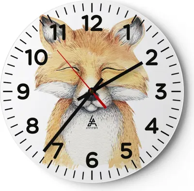 A round wall clock with a cartoon fox illustration.