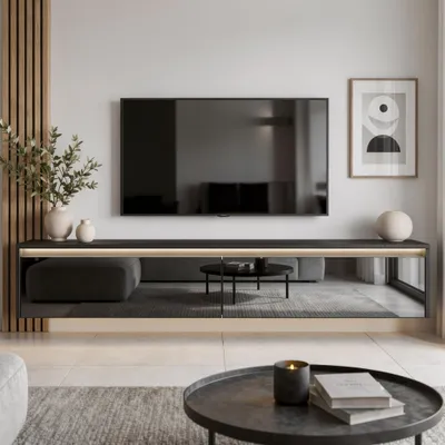 Produktbild von Modernes TV-Lowboard LUMI 170 cm in Schwarz Hochglanz - Hängender Fernsehschrank mit LED-Beleuchtung & Push-to-Open