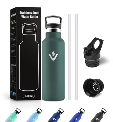Productafbeelding van Drinkfles 500 ml, lekvrije thermosfles met rietje, geschikt voor koolzuurhoudende dranken