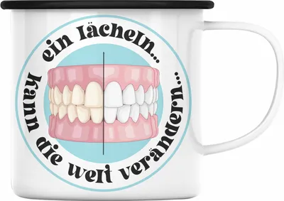 Produktbild von Trendation - Zahntechniker Emaille Tasse Geschenk Zahnarzt Lustig Praxis Geschenkidee Zahnarzthelferin Zahntechniker Zahnärztin - Ein Lächeln Kann die Welt verändern Zahnmedizinische Fachangestellte (Schwarz)