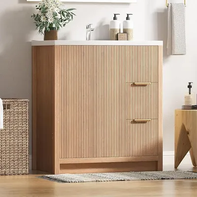 Produktbild von Waschbecken mit Unterschrank, Waschtisch Stehend mit Keramikwaschbecken, 80x47x90 cm, Natur Doppeltüren Waschbeckenunterschrank für Badezimmer