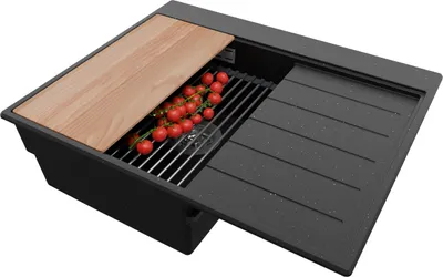 Produktbild von PRIMAGRAN Spülbecken Schwarz Metallic 62x50cm, Granitspüle 1 Becken + Ablauf-Set + Küchenzubehörset, Küchenspüle ab 40er Unterschrank - Sydney