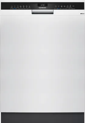 A front view of a white Siemens dishwasher with a black control panel.
